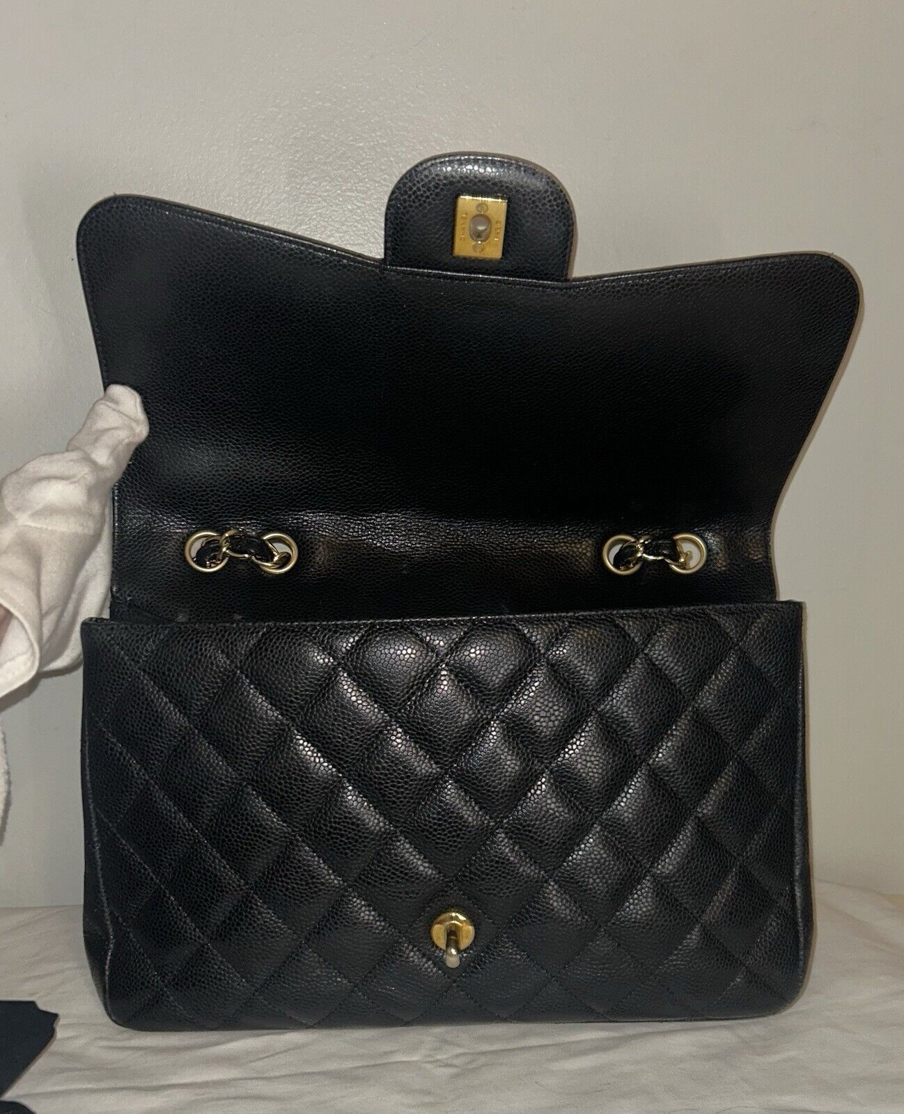 CHANEL Classic Jumbo Flap Quilted Caviar Leather Handbag Black/Gold Hardware