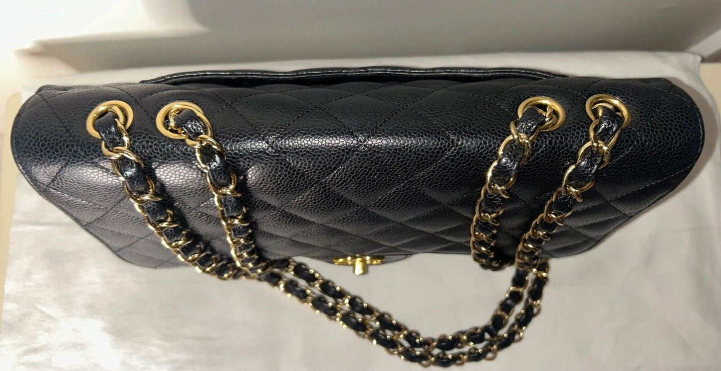 CHANEL Classic Jumbo Flap Quilted Caviar Leather Handbag Black/Gold Hardware