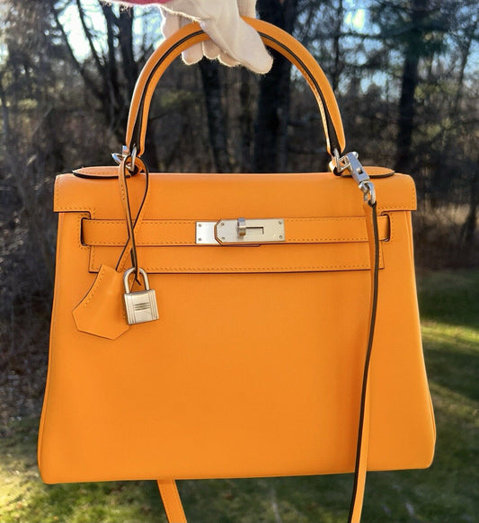 HERMES Special Order Kelly 28 (HSS) Jaune D'Or / Craie Swift Brushed Palladium