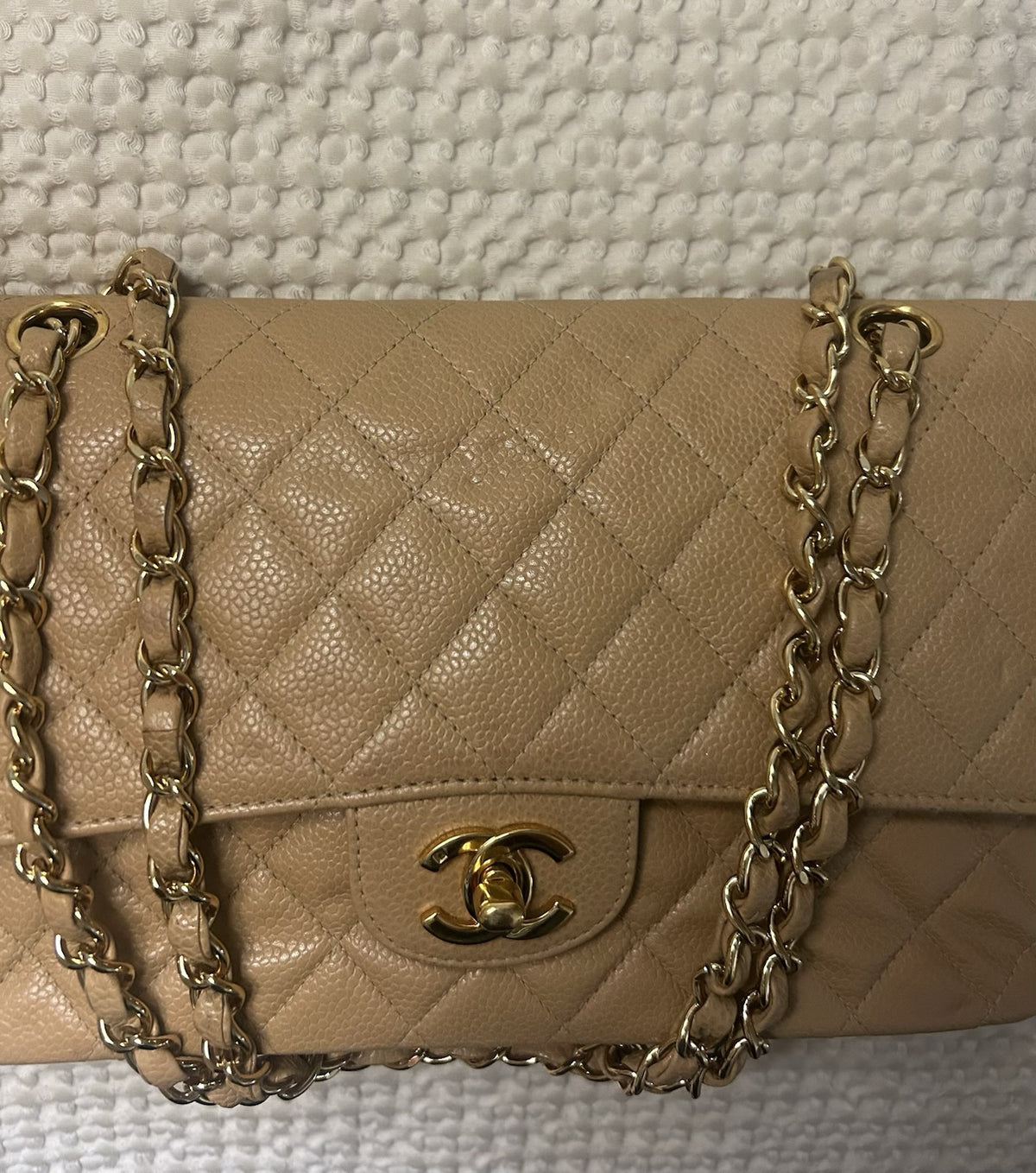 CHANEL Medium Classic Double Flap Caviar Quilted Handbag Beige/24k Gold