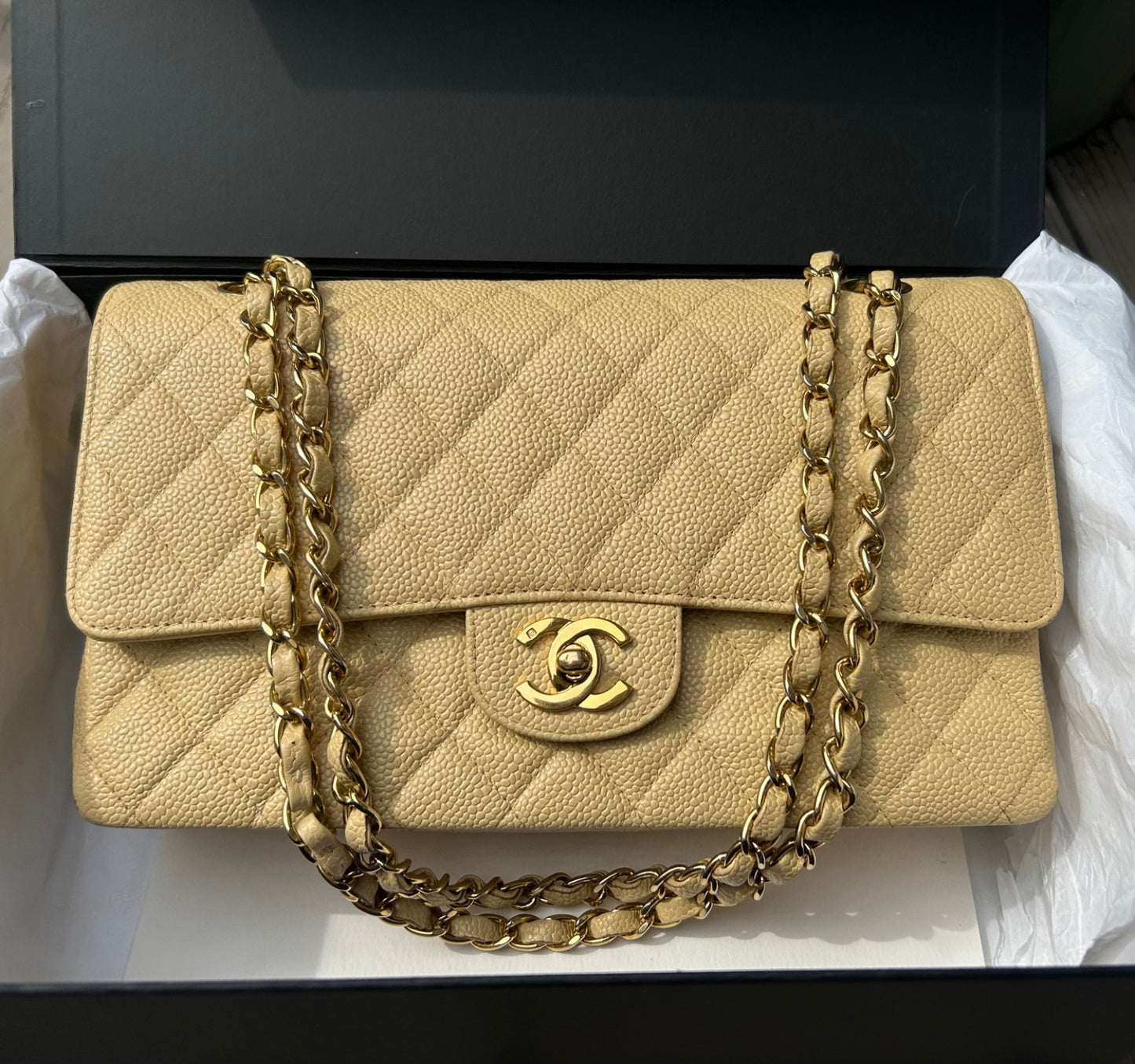 CHANEL Medium Classic Double Flap Caviar Quilted Handbag Beige Clair / 24k Gold