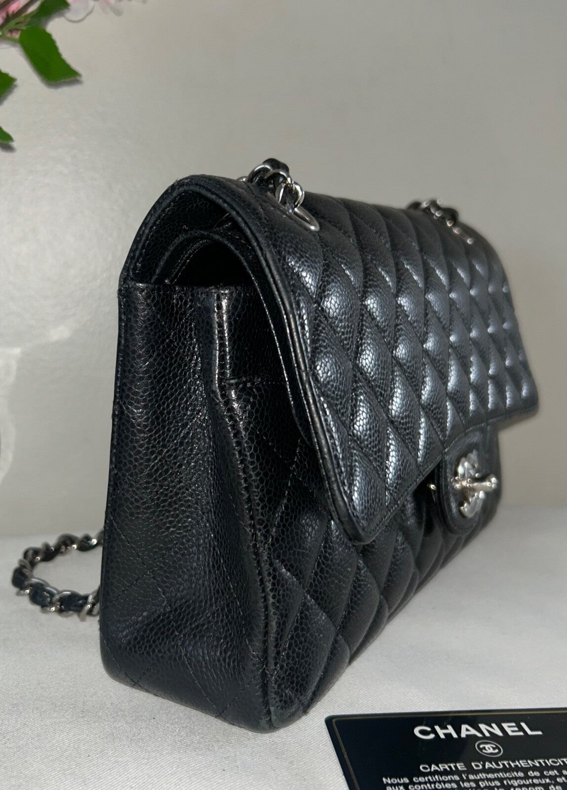 CHANEL Classic Medium Double Flap Quilted Caviar Leather Handbag Black