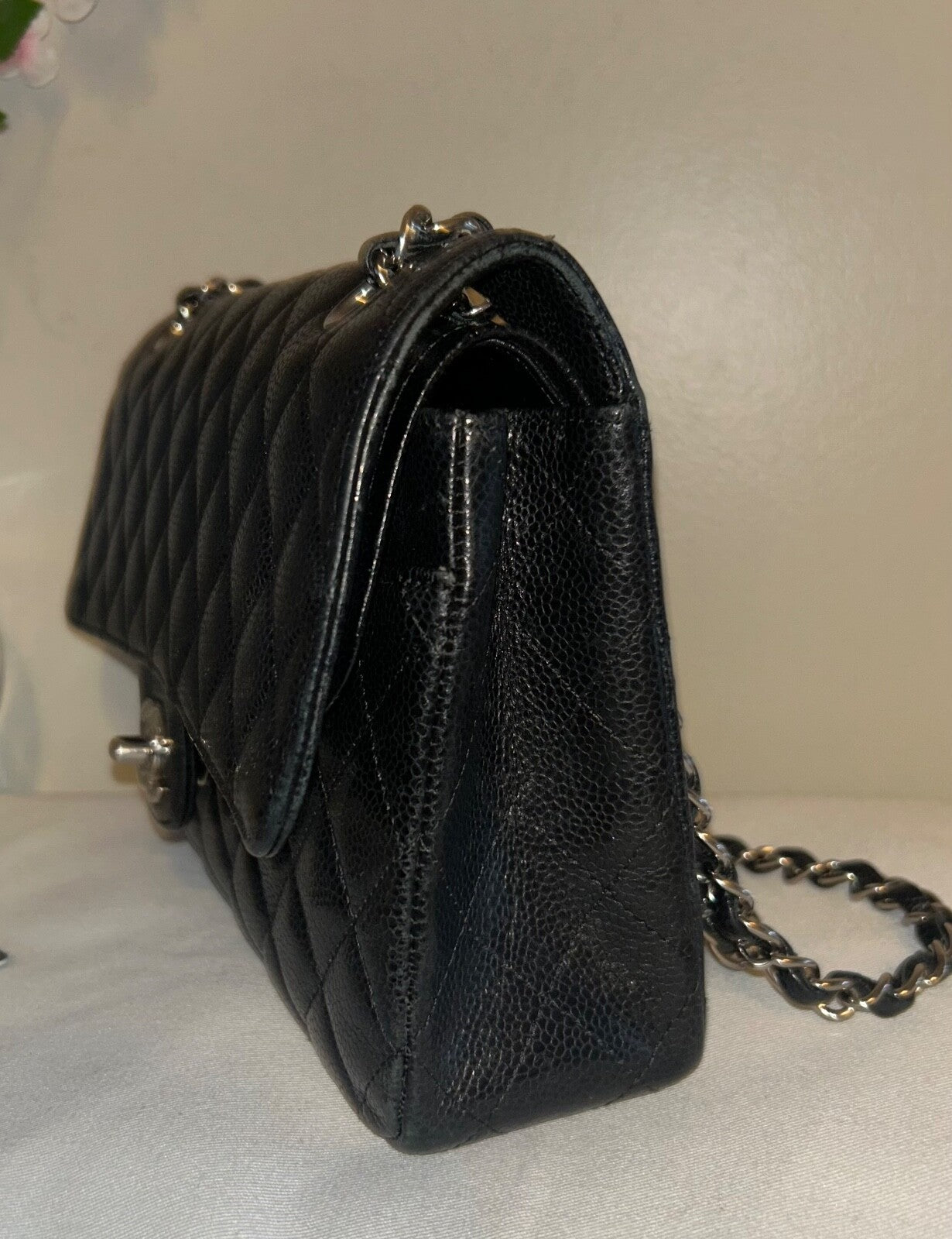 CHANEL Classic Medium Double Flap Quilted Caviar Leather Handbag Black