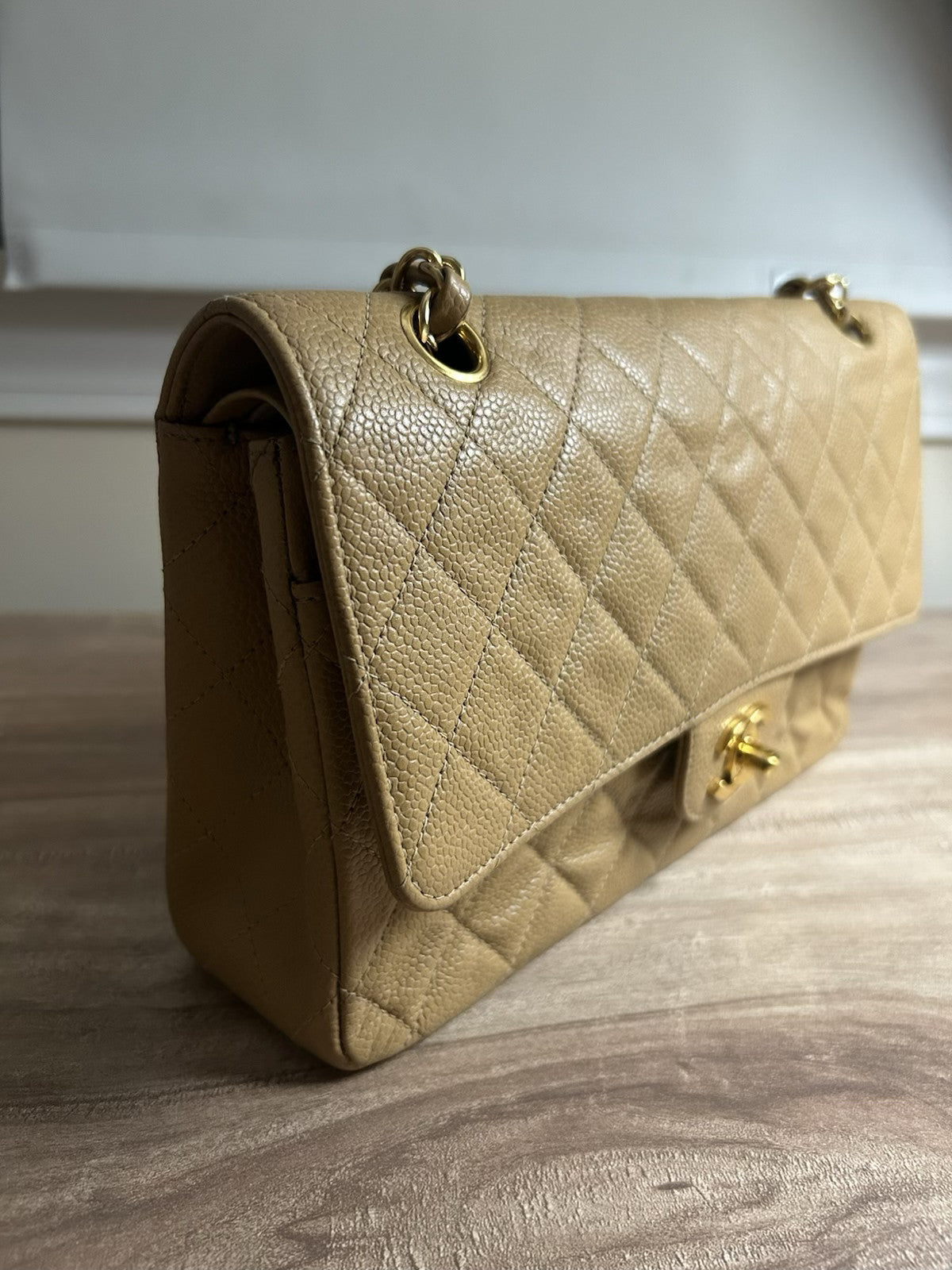 CHANEL Medium Classic Double Flap Caviar Quilted Handbag Beige/24k Gold