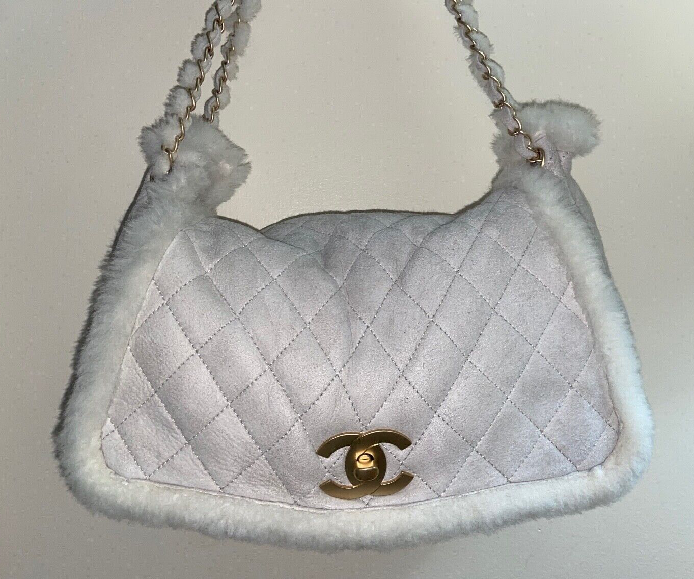 CHANEL CC Quilted Suede & Shearling Large Flap Shoulder Bag Ivory