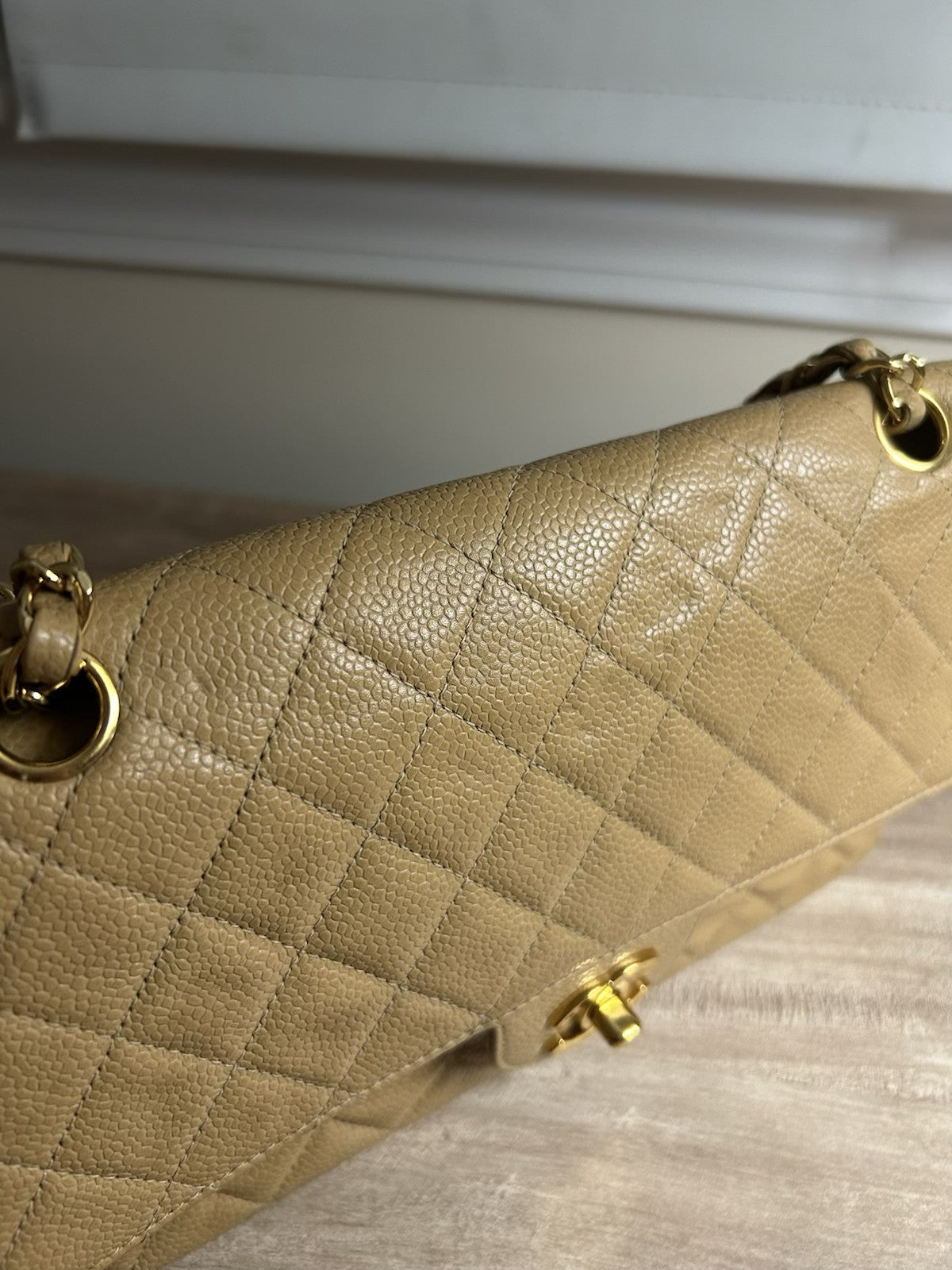 CHANEL Medium Classic Double Flap Caviar Quilted Handbag Beige/24k Gold