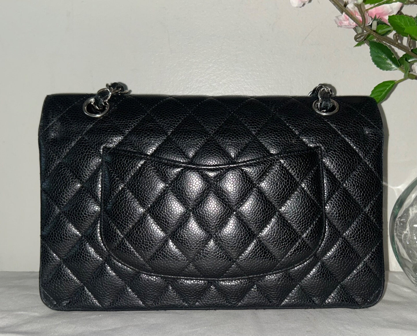 CHANEL Classic Medium Double Flap Quilted Caviar Leather Handbag Black