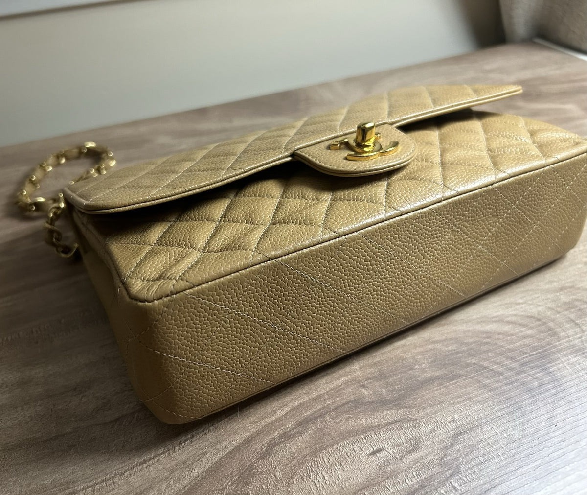 CHANEL Medium Classic Double Flap Caviar Quilted Handbag Beige/24k Gold