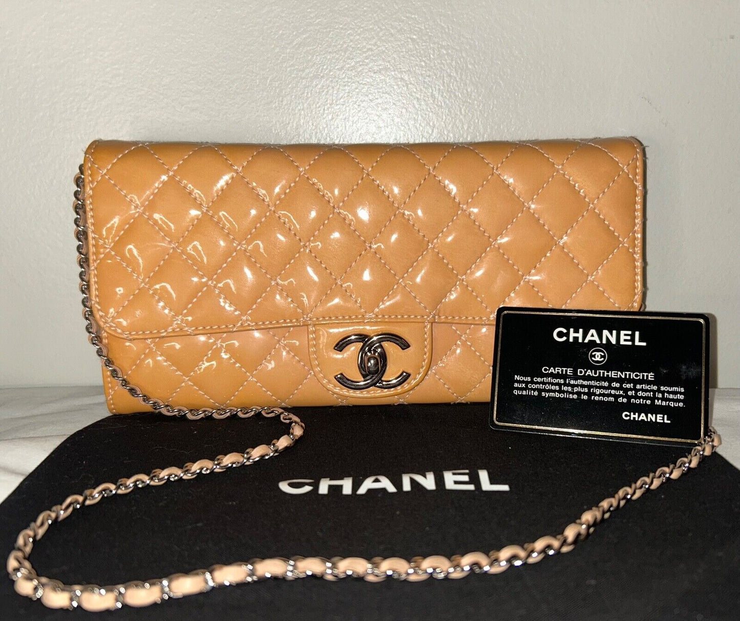 CHANEL Classic Quilted Patent Leather East West WOC Shoulder Bag Beige