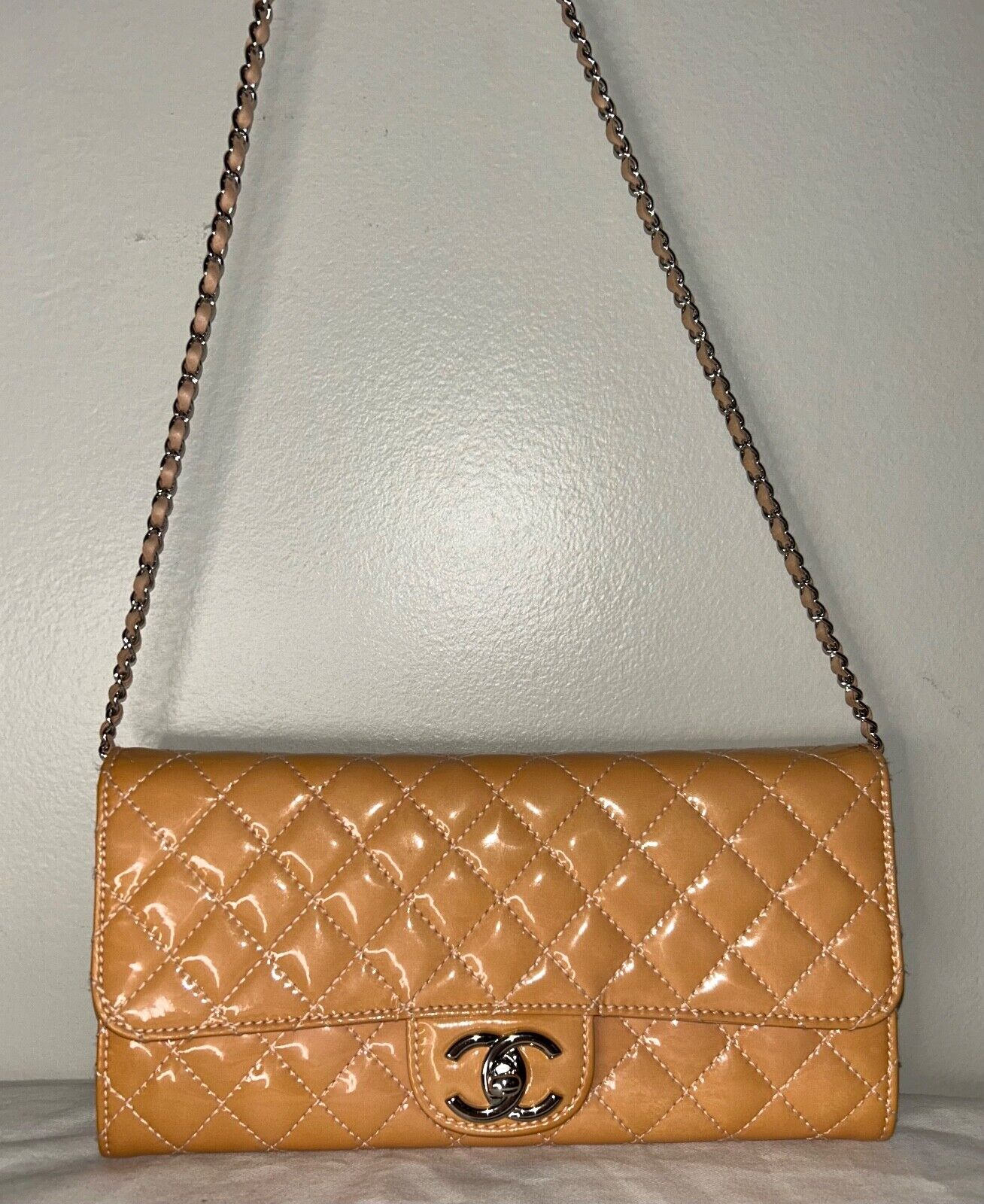 CHANEL Classic Quilted Patent Leather East West WOC Shoulder Bag Beige