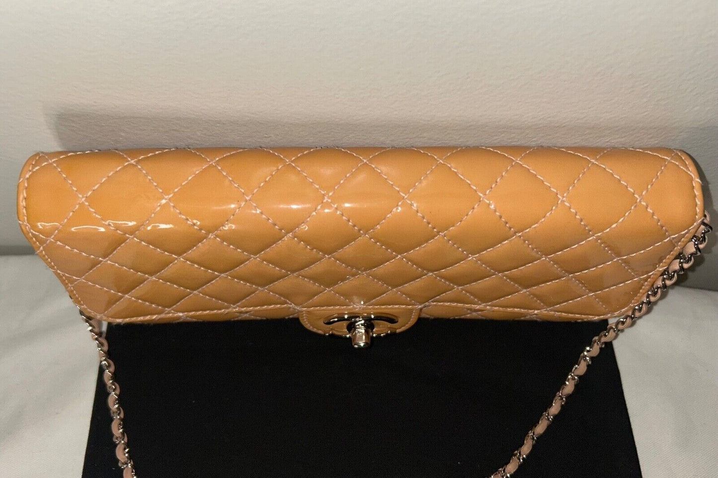 CHANEL Classic Quilted Patent Leather East West WOC Shoulder Bag Beige