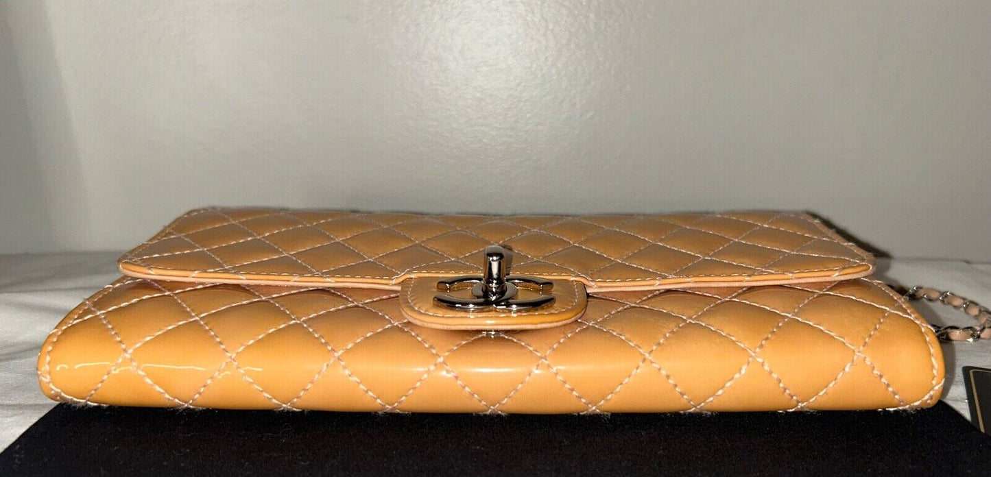 CHANEL Classic Quilted Patent Leather East West WOC Shoulder Bag Beige