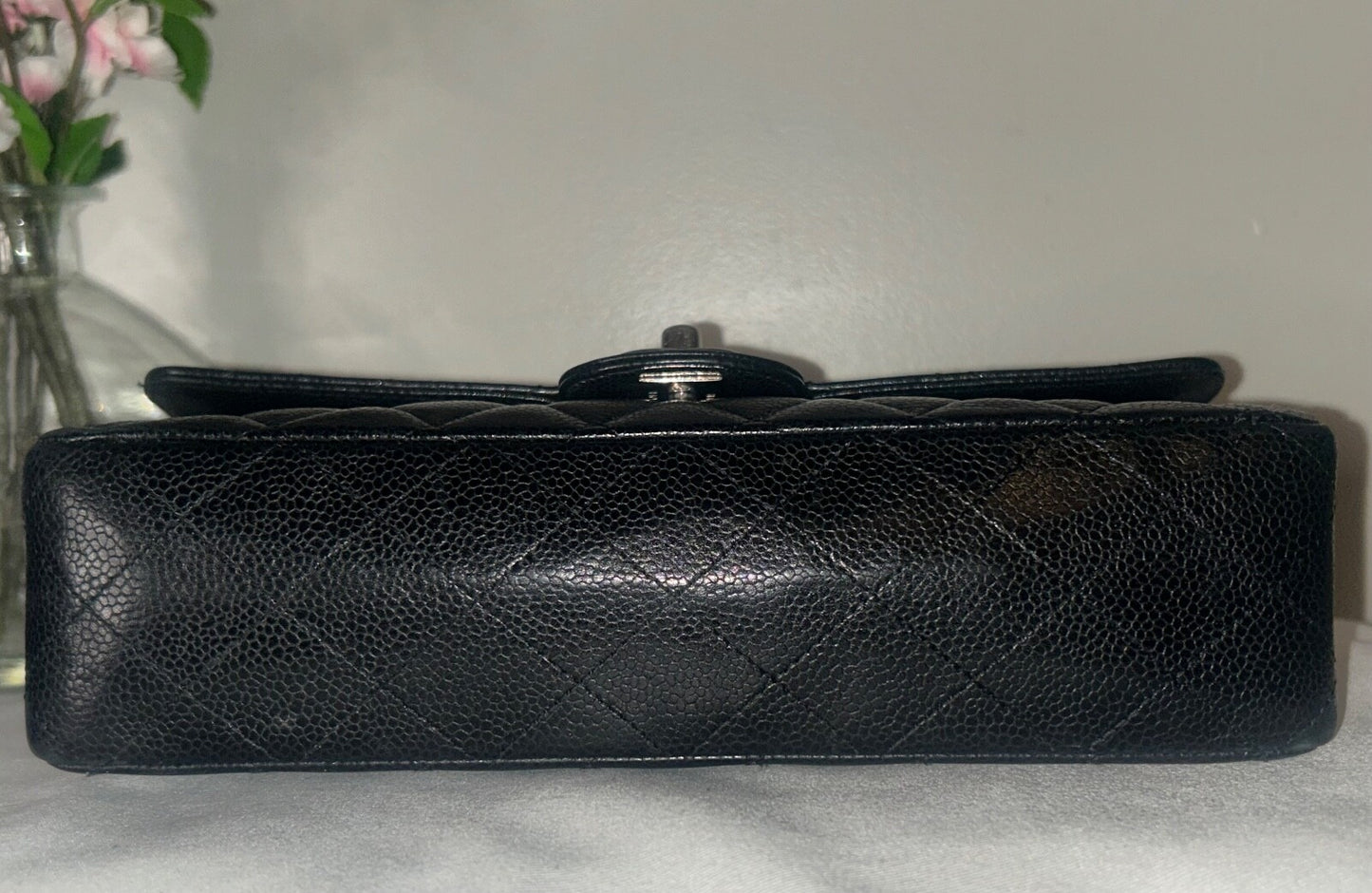 CHANEL Classic Medium Double Flap Quilted Caviar Leather Handbag Black