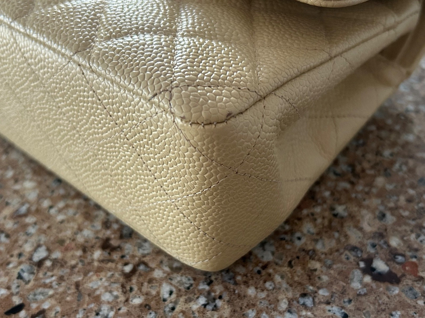 CHANEL Medium Classic Double Flap Caviar Quilted Handbag Beige Clair / 24k Gold