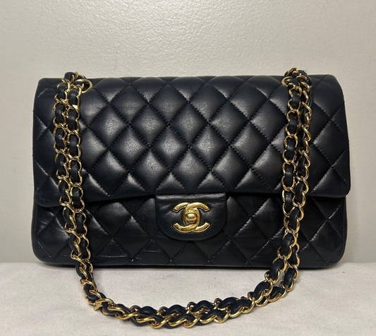 CHANEL Classic Medium Double Flap Lambskin Quilted Handbag Black/Gold