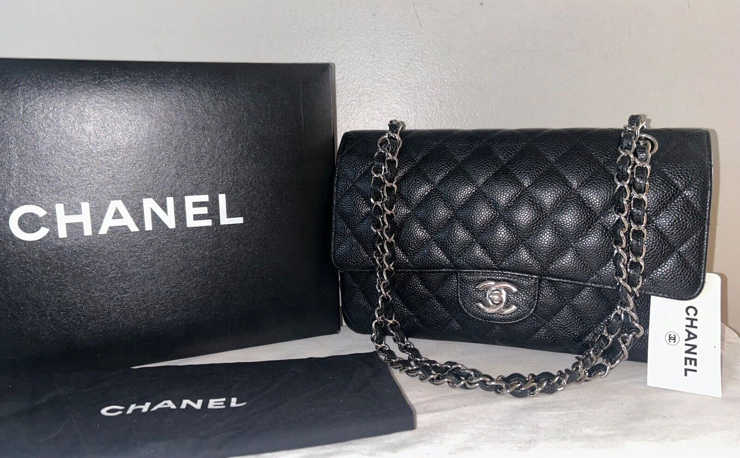 CHANEL Classic Medium Double Flap Quilted Caviar Handbag Black