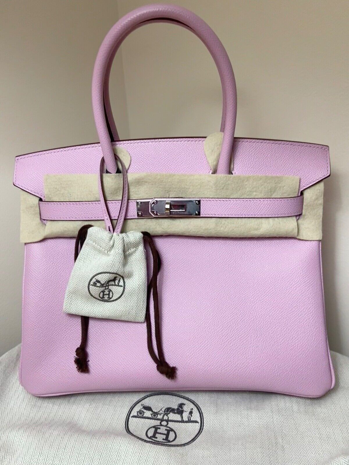 HERMES Birkin 30 Mauve Sylvestre Epsom Leather Palladium Hardware Handbag