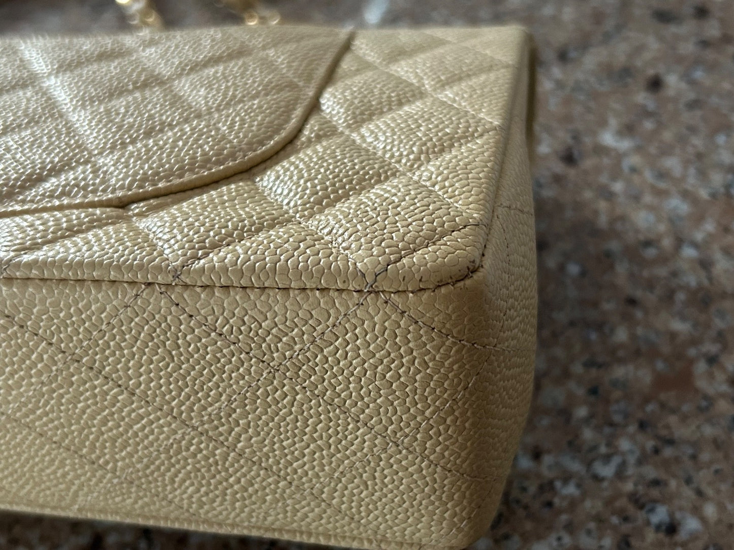CHANEL Medium Classic Double Flap Caviar Quilted Handbag Beige Clair / 24k Gold