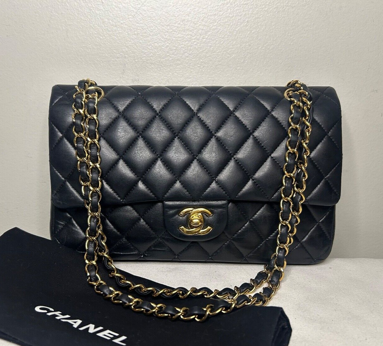 CHANEL Classic Medium Double Flap Lambskin Quilted Handbag Black/Gold