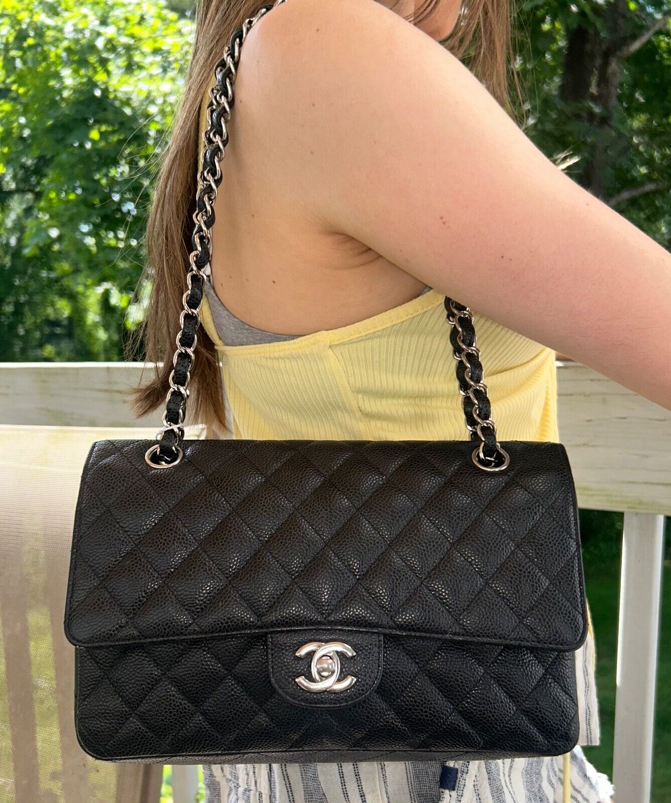 CHANEL Classic Medium Double Flap Quilted Caviar Handbag Black