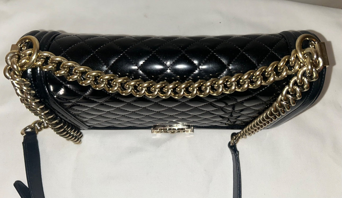 CHANEL Boy New Medium Flap Bag Quilted Patent Leather Black / Light Gold HW