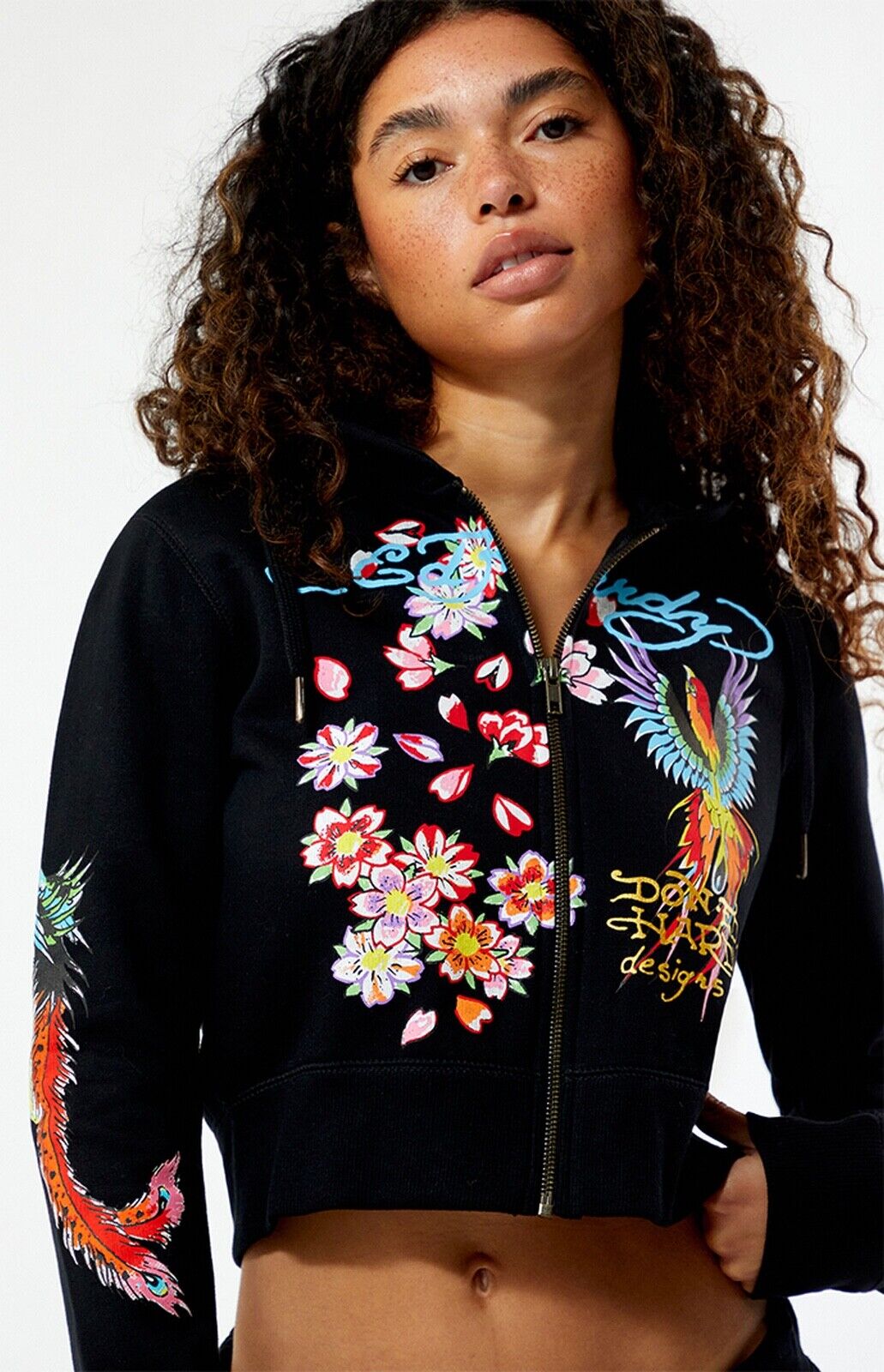 NEW! ED HARDY Phoenix Y2K Full Zip Cropped Hoodie Black Size S