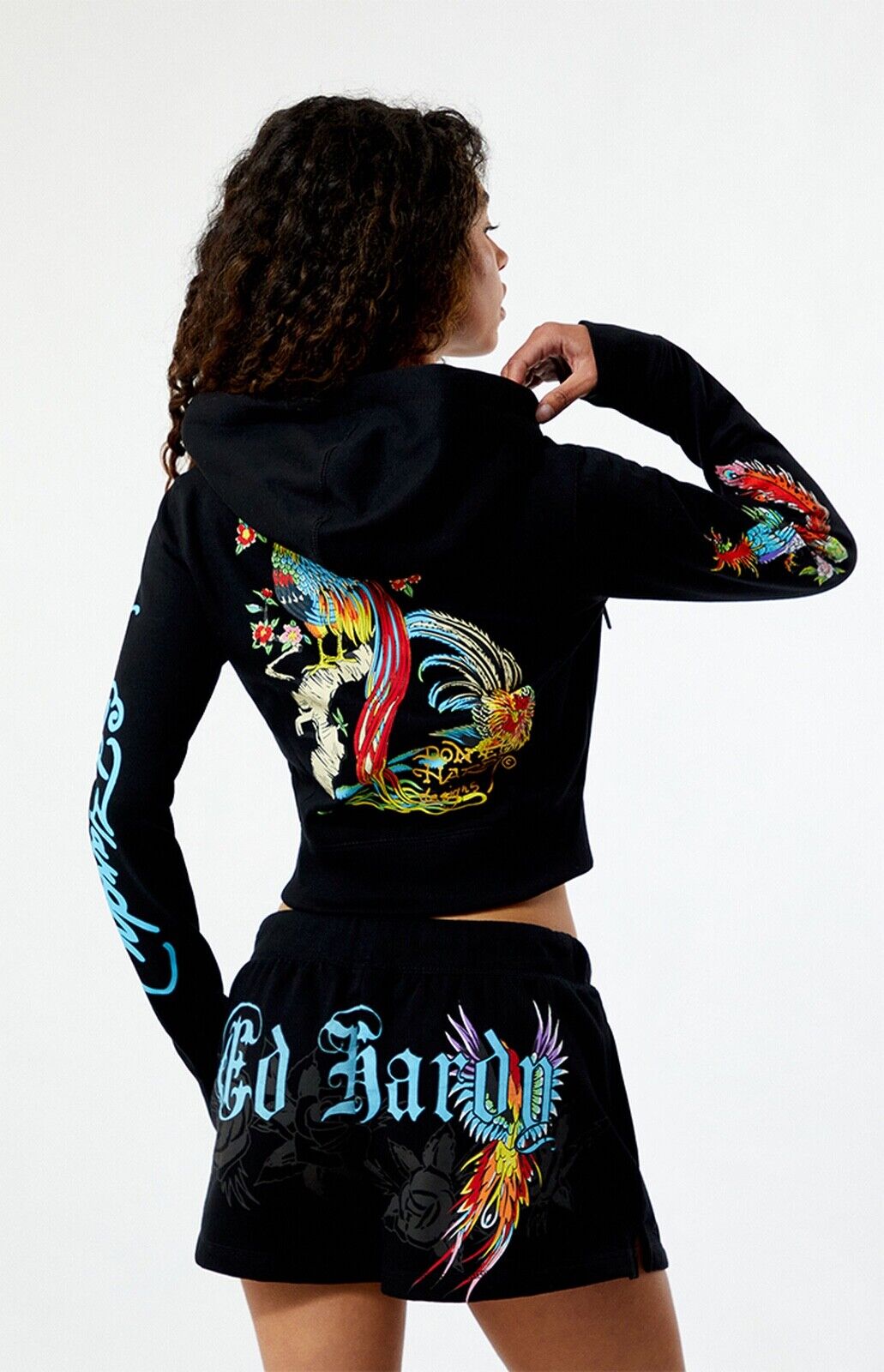 NEW! ED HARDY Phoenix Y2K Full Zip Cropped Hoodie Black Size S