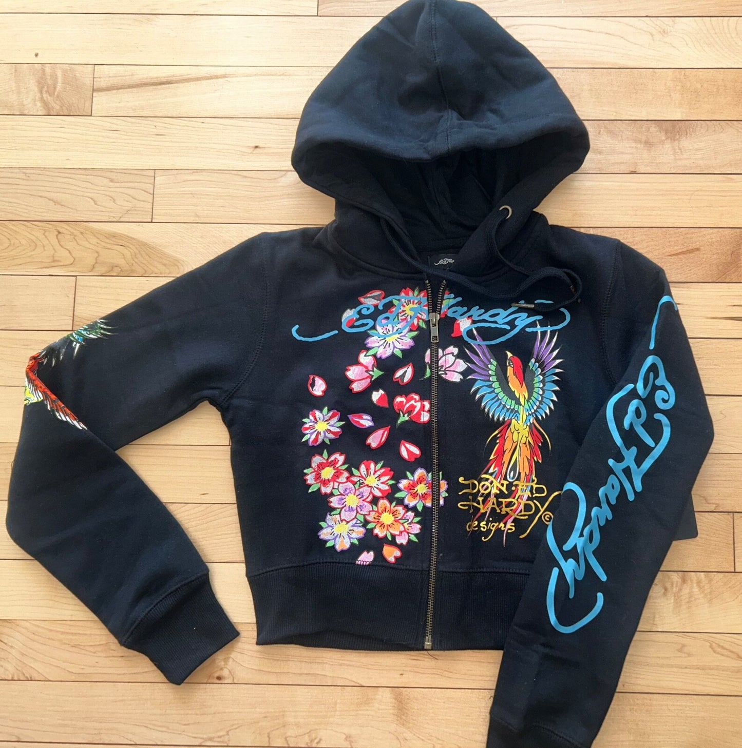NEW! ED HARDY Phoenix Y2K Full Zip Cropped Hoodie Black Size S