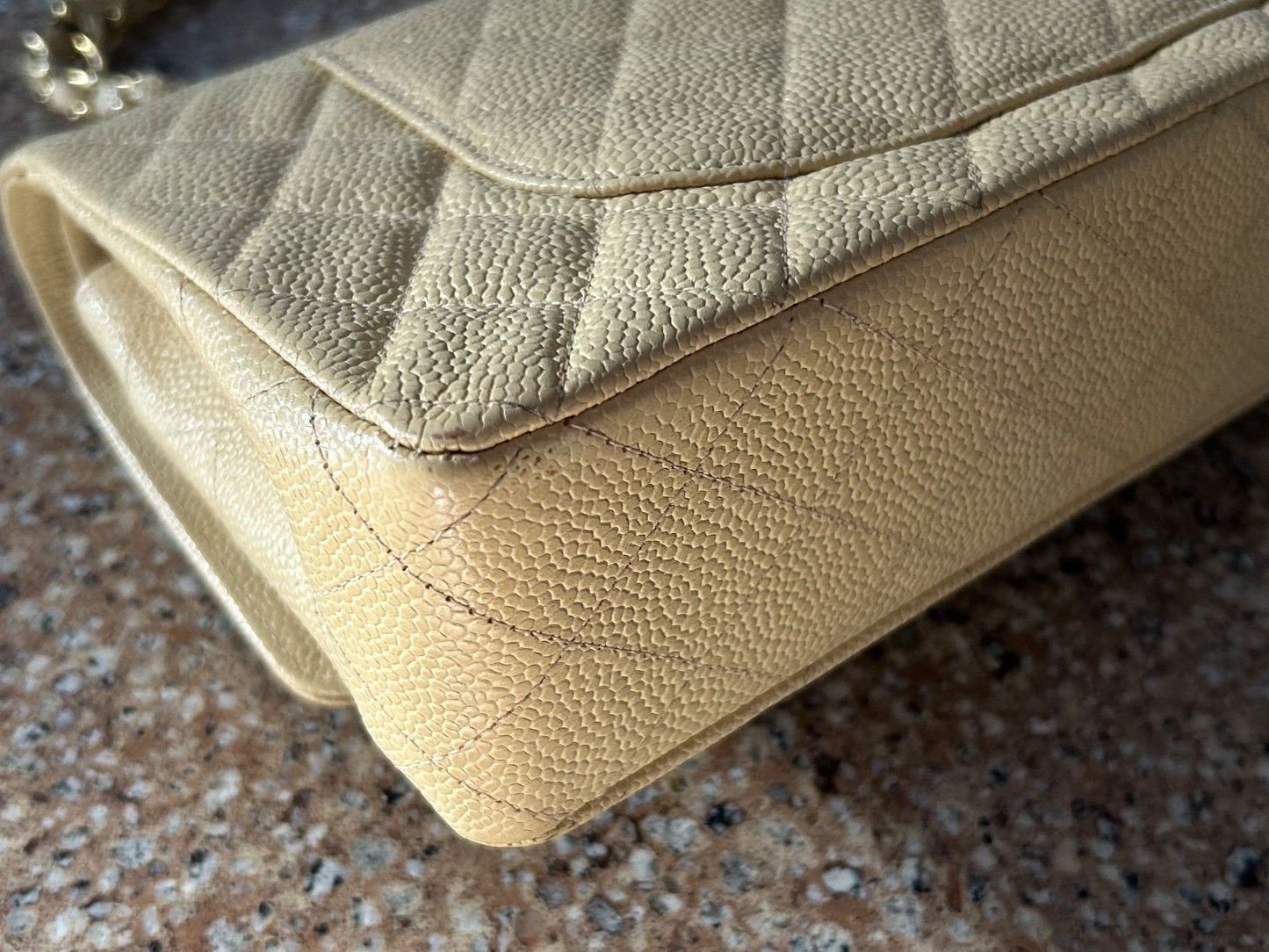 CHANEL Medium Classic Double Flap Caviar Quilted Handbag Beige Clair / 24k Gold