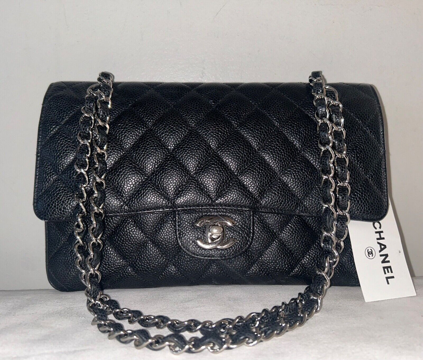 CHANEL Classic Medium Double Flap Quilted Caviar Handbag Black