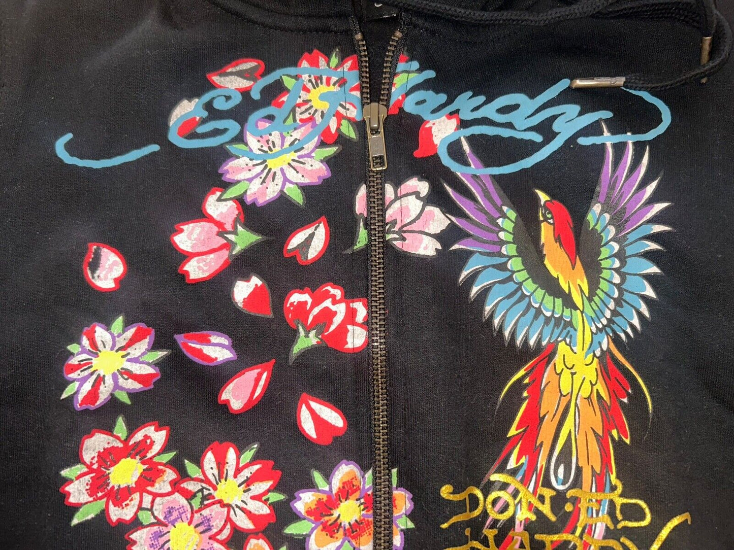 NEW! ED HARDY Phoenix Y2K Full Zip Cropped Hoodie Black Size S