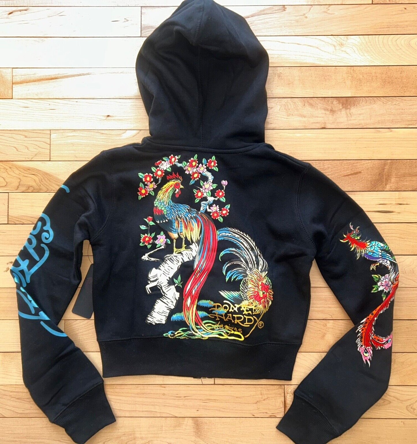 NEW! ED HARDY Phoenix Y2K Full Zip Cropped Hoodie Black Size S