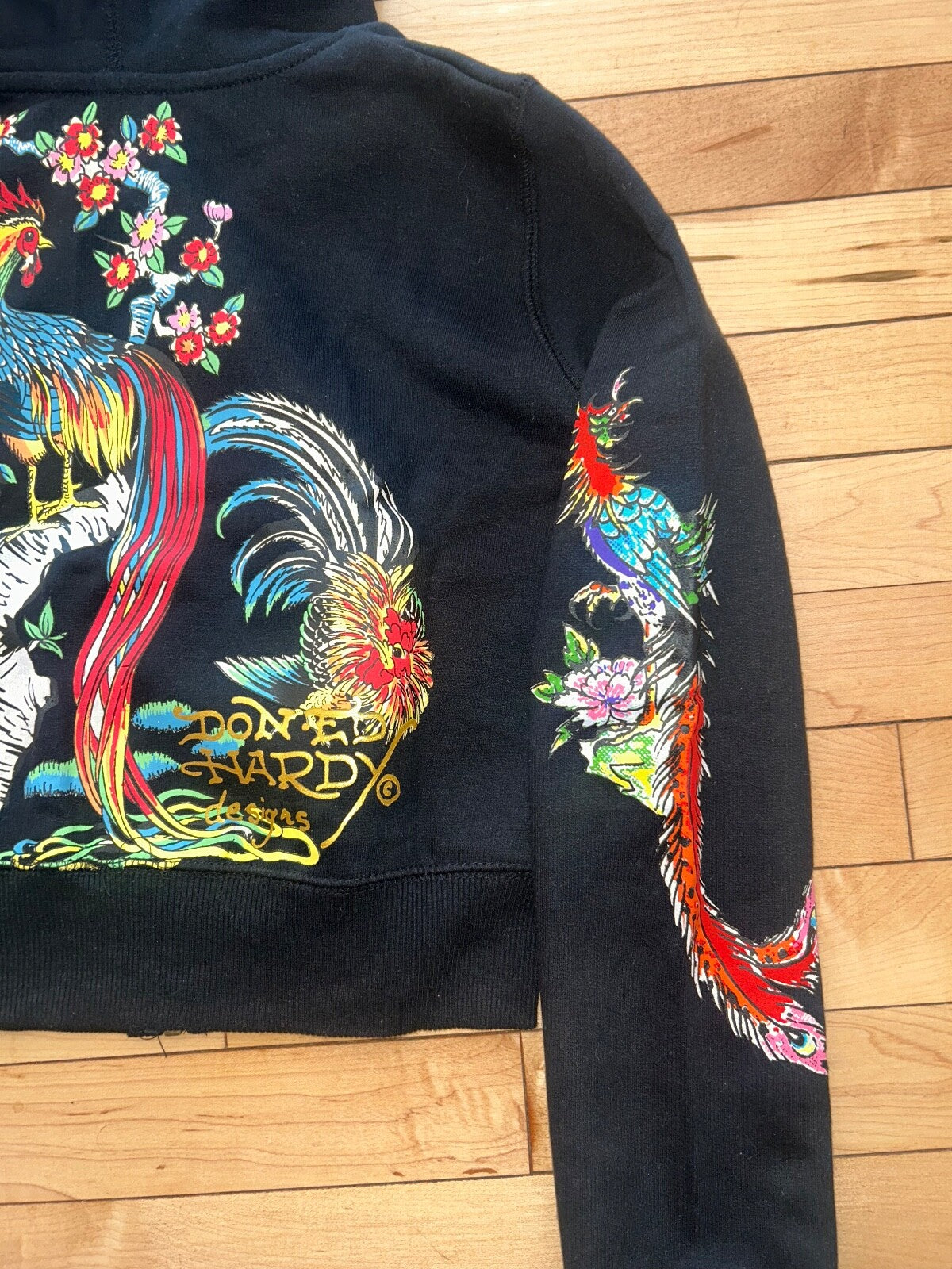 NEW! ED HARDY Phoenix Y2K Full Zip Cropped Hoodie Black Size S
