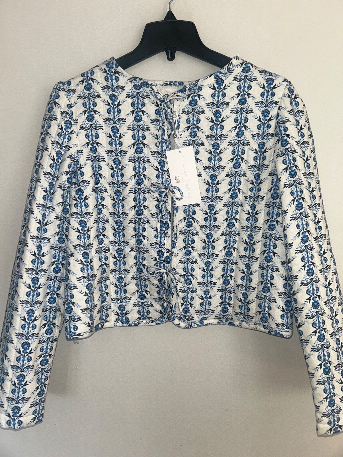 NEW! CAROLINE CONSTAS Bow Floral Patchwork Linen Jacket Blue/White Size S