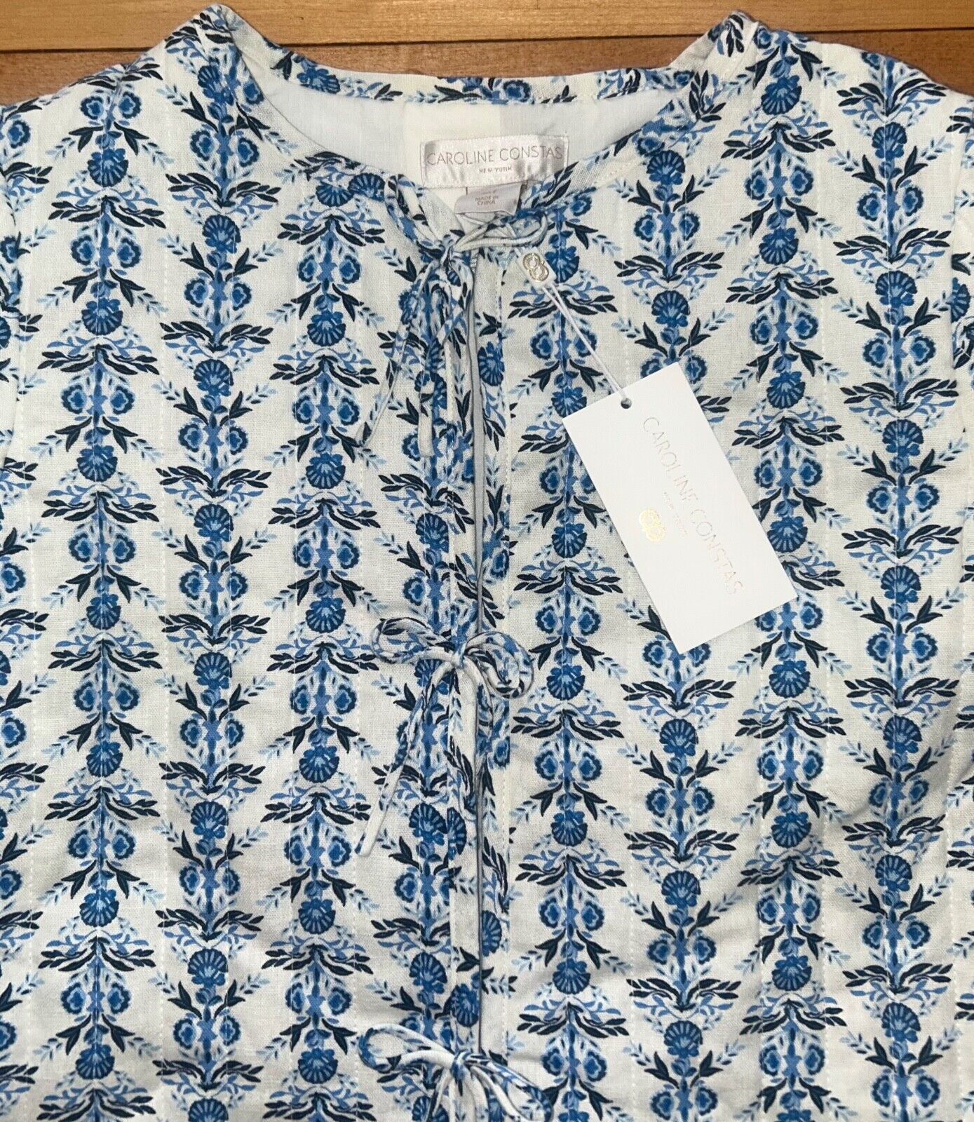 NEW! CAROLINE CONSTAS Bow Floral Patchwork Linen Jacket Blue/White Size S