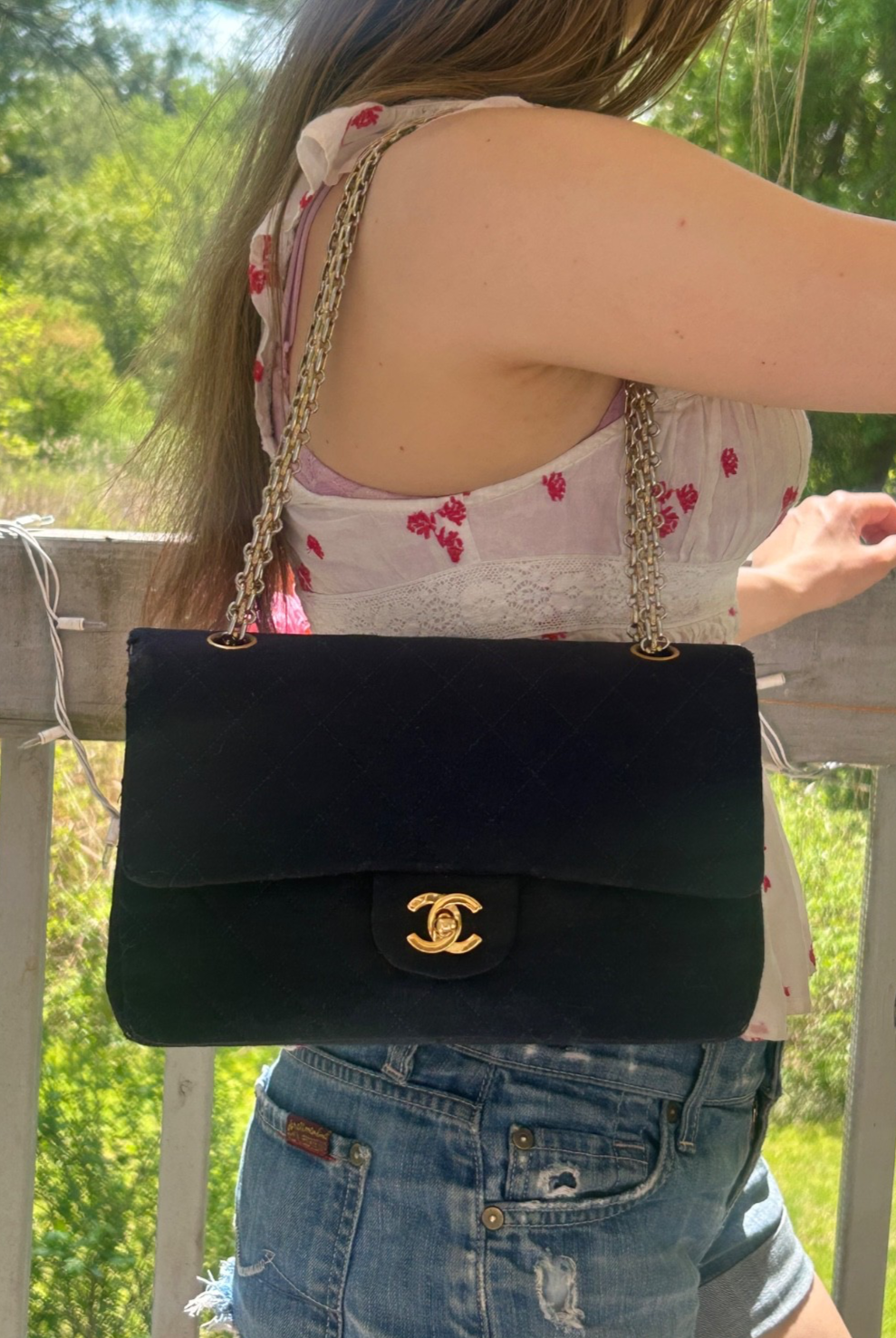 CHANEL Vintage Medium Classic Double Flap Jersey Quilted Handbag Navy / 24K Gold
