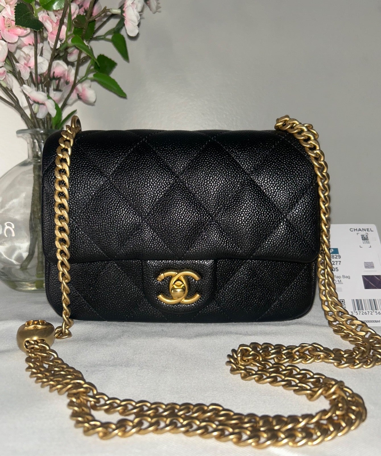 CHANEL 23P Mini Rectangular Sweetheart Quilted Caviar Flap Bag Black