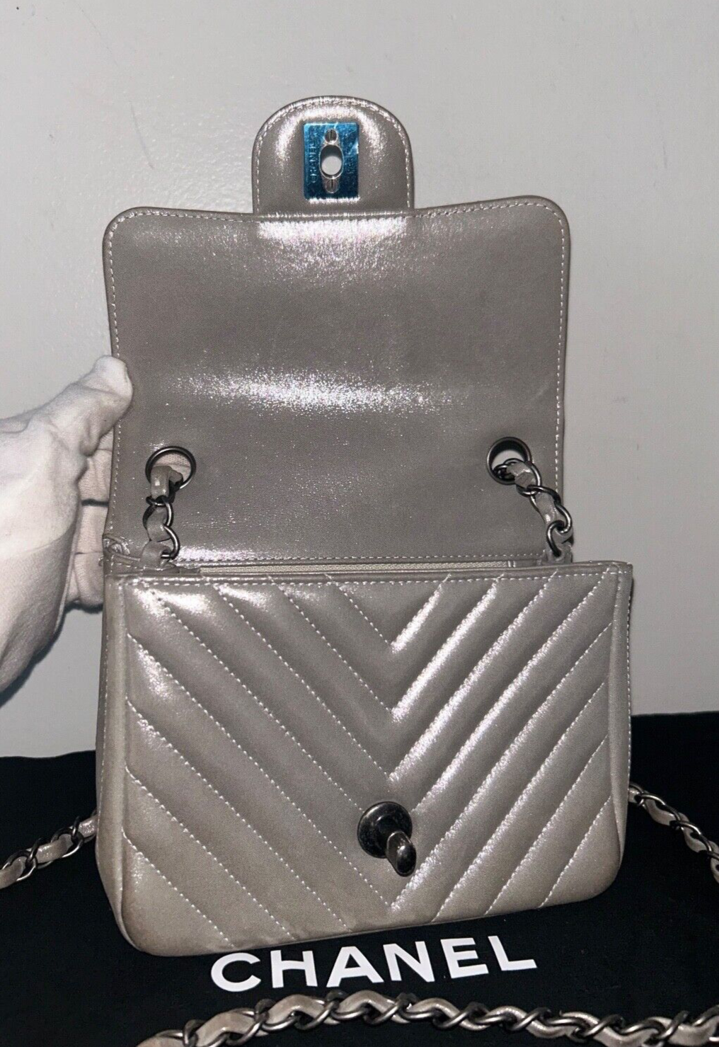 CHANEL Iridescent Calfskin Chevron Quilted Mini Square Flap Bag Silver