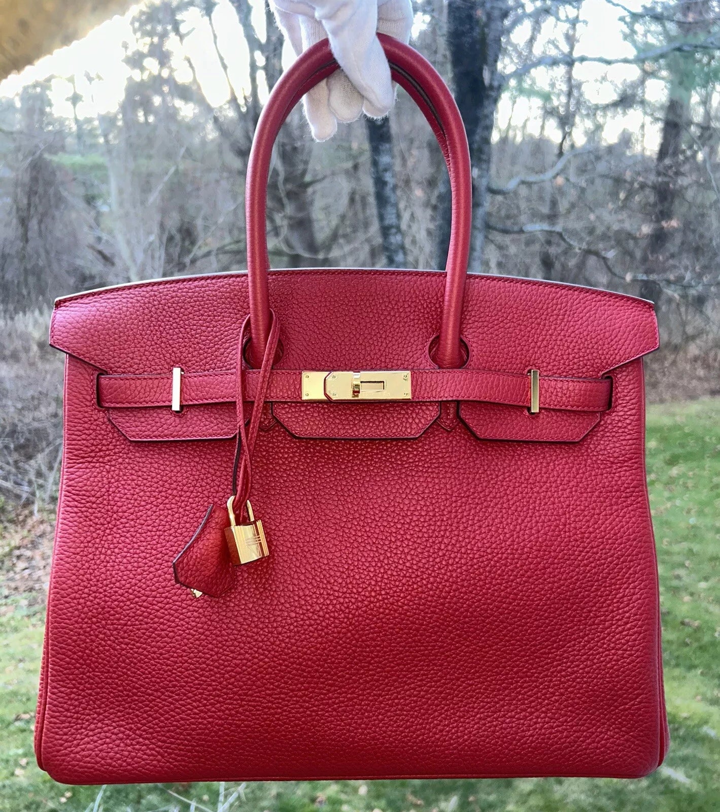 HERMES Birkin 35 Rouge Casaque Clemence Gold Hardware Handbag