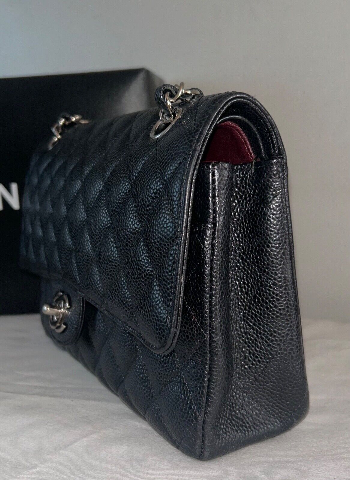 CHANEL Classic Medium Double Flap Quilted Caviar Handbag Black