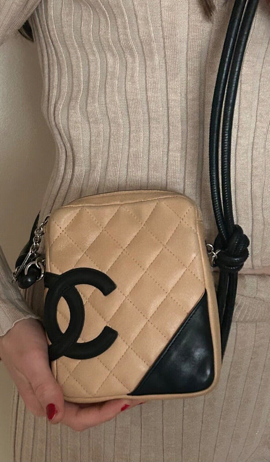 CHANEL Cambon Quilted Calfskin Small Messenger Crossbody Bag Beige/Black