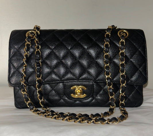 CHANEL Medium Classic Double Flap Quilted Caviar Handbag Black / Gold