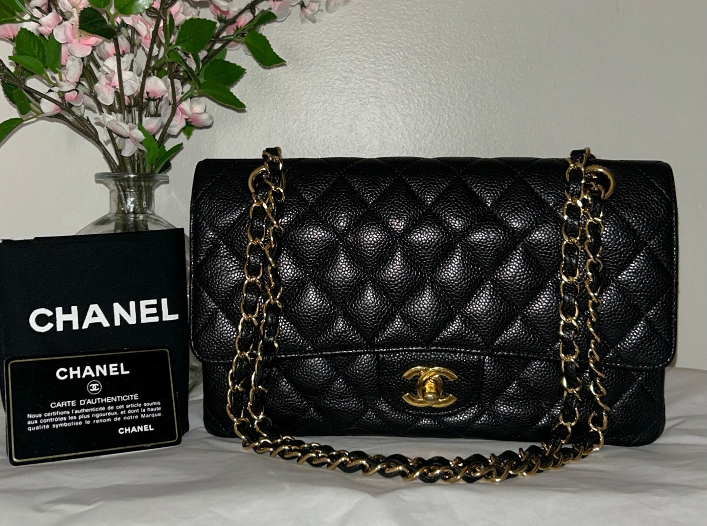 CHANEL Medium Classic Double Flap Quilted Caviar Handbag Black / Gold