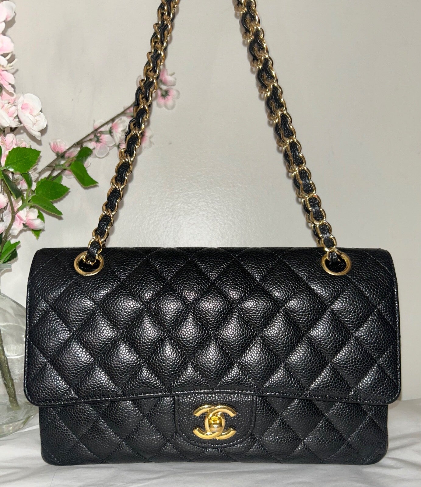 CHANEL Medium Classic Double Flap Quilted Caviar Handbag Black / Gold