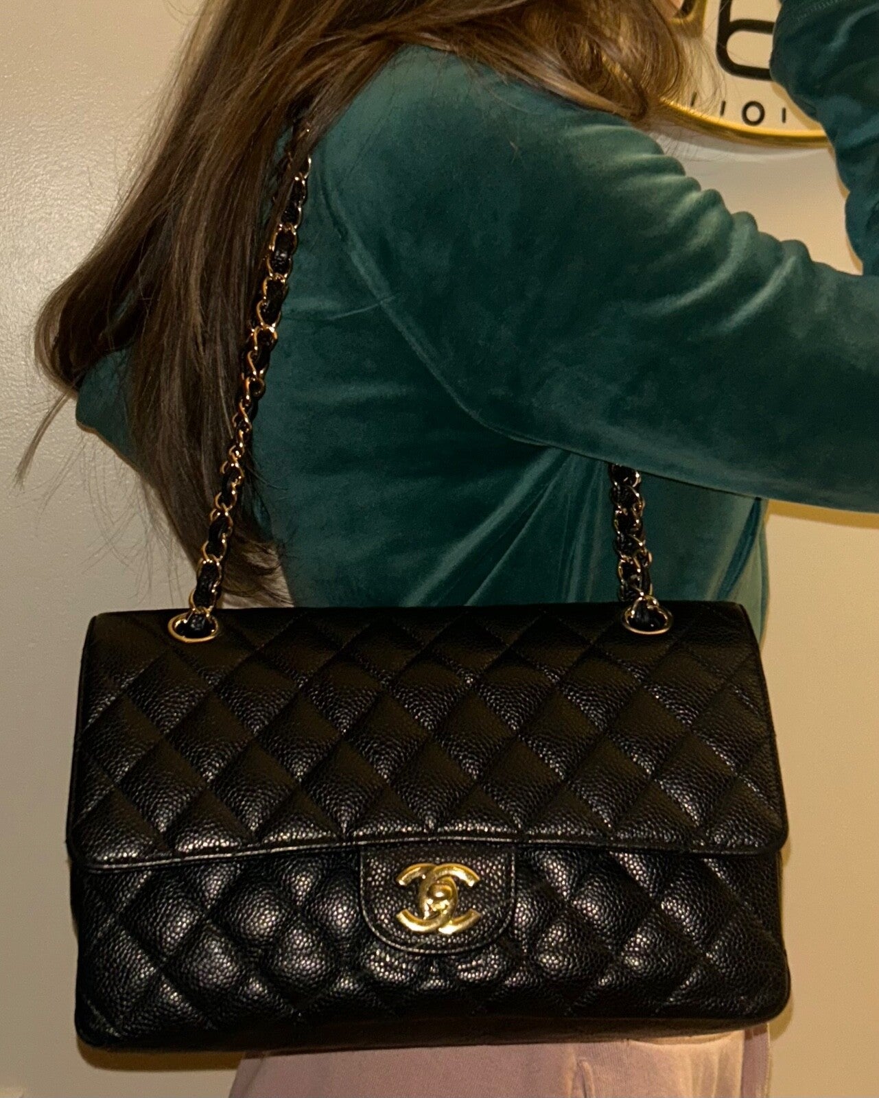 CHANEL Medium Classic Double Flap Quilted Caviar Handbag Black / Gold