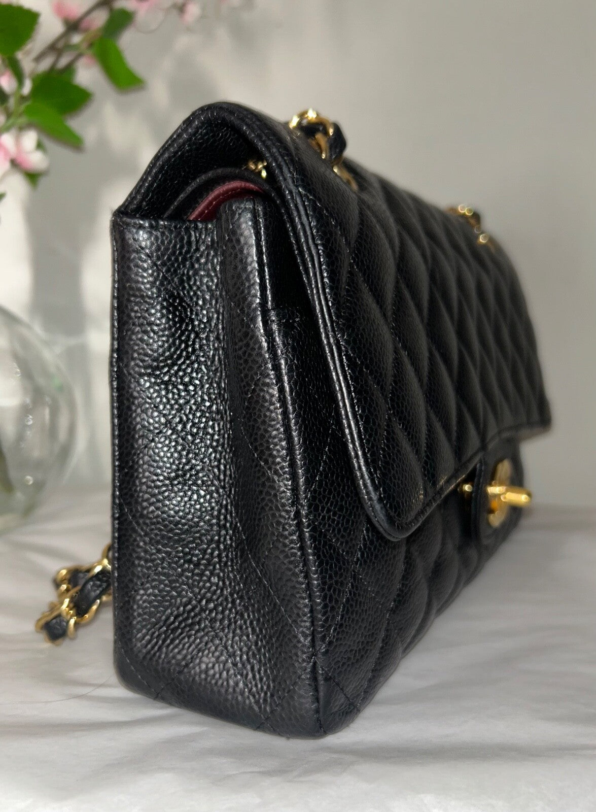 CHANEL Medium Classic Double Flap Quilted Caviar Handbag Black / Gold