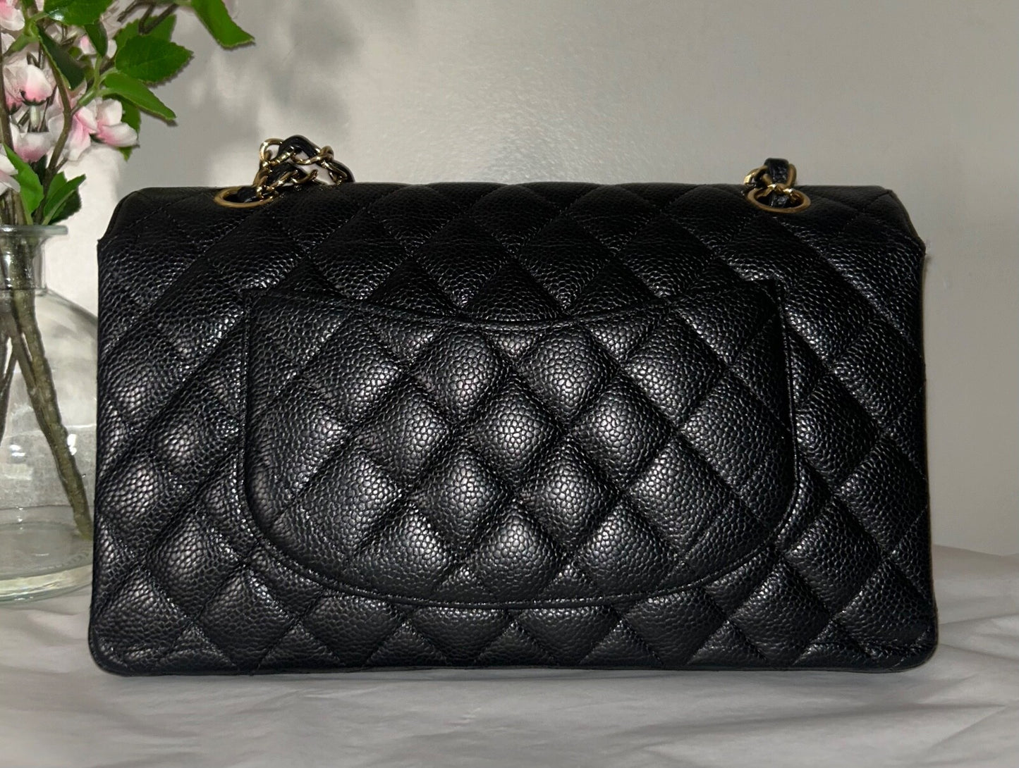 CHANEL Medium Classic Double Flap Quilted Caviar Handbag Black / Gold