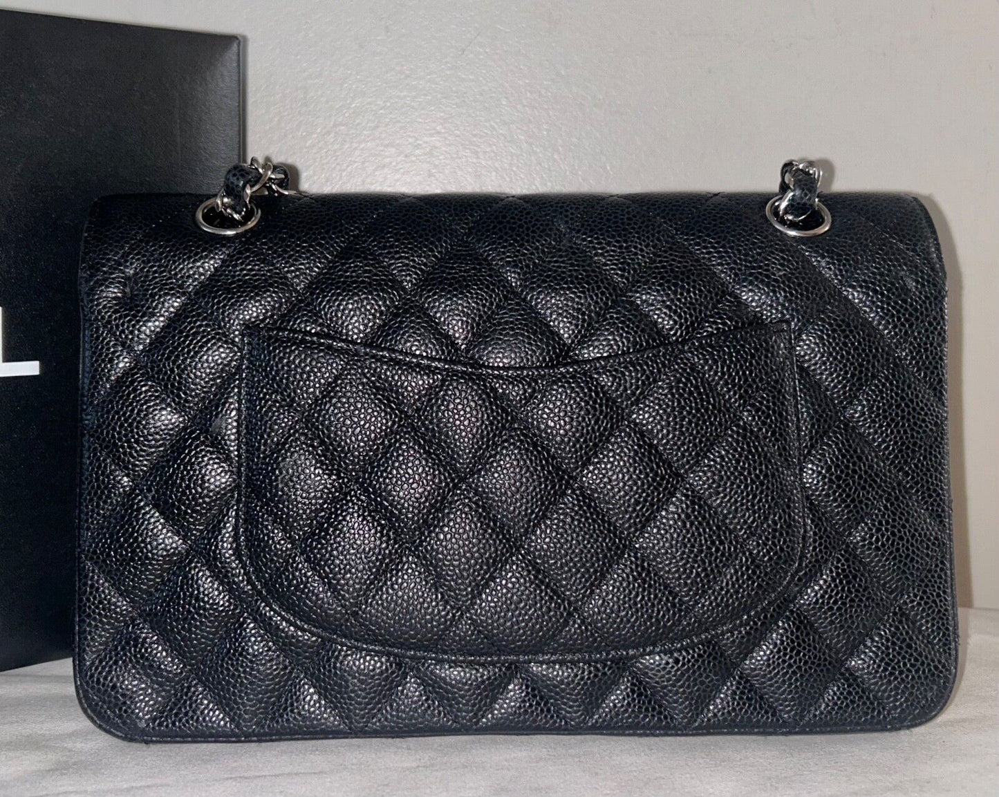 CHANEL Classic Medium Double Flap Quilted Caviar Handbag Black