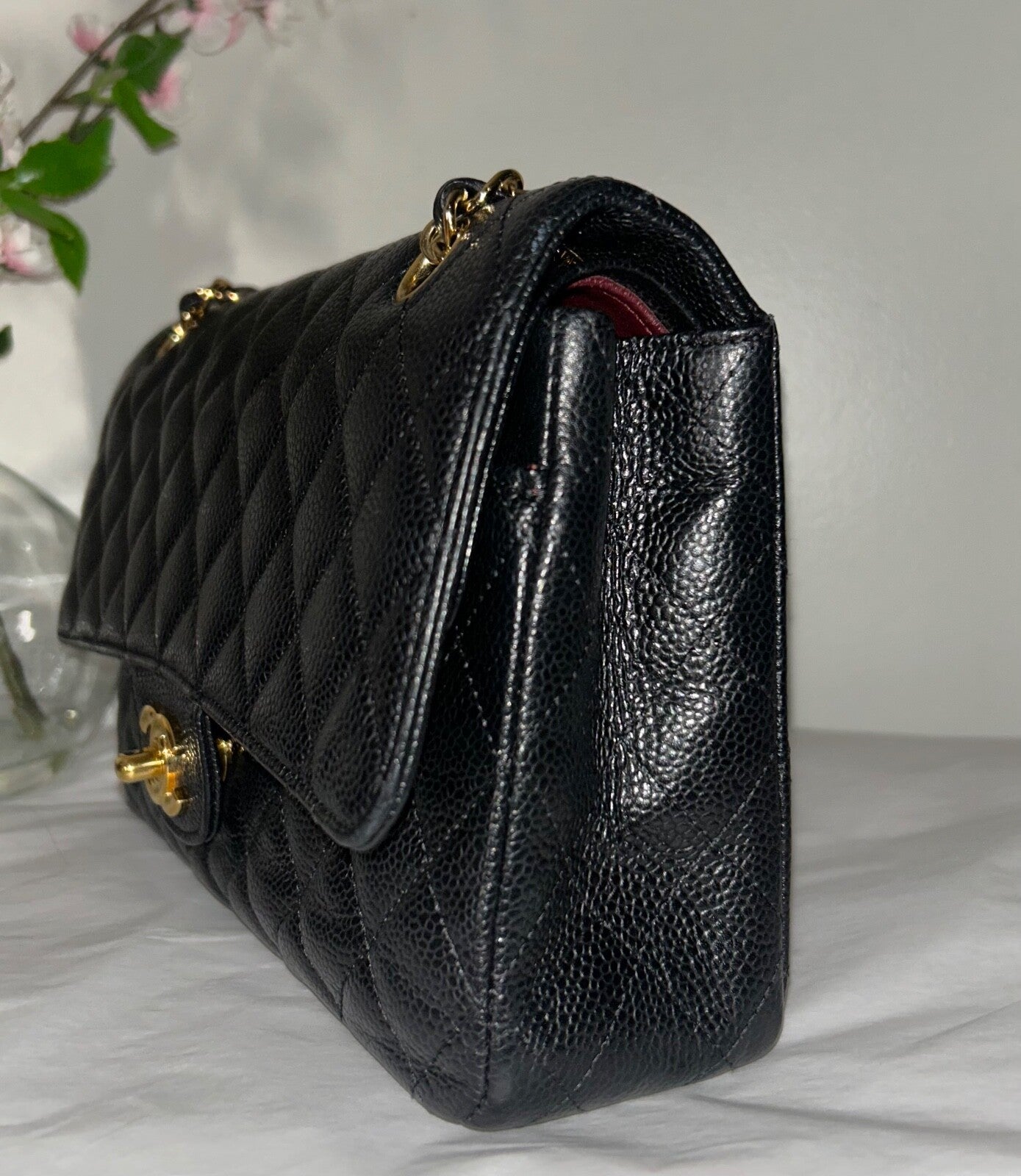 CHANEL Medium Classic Double Flap Quilted Caviar Handbag Black / Gold