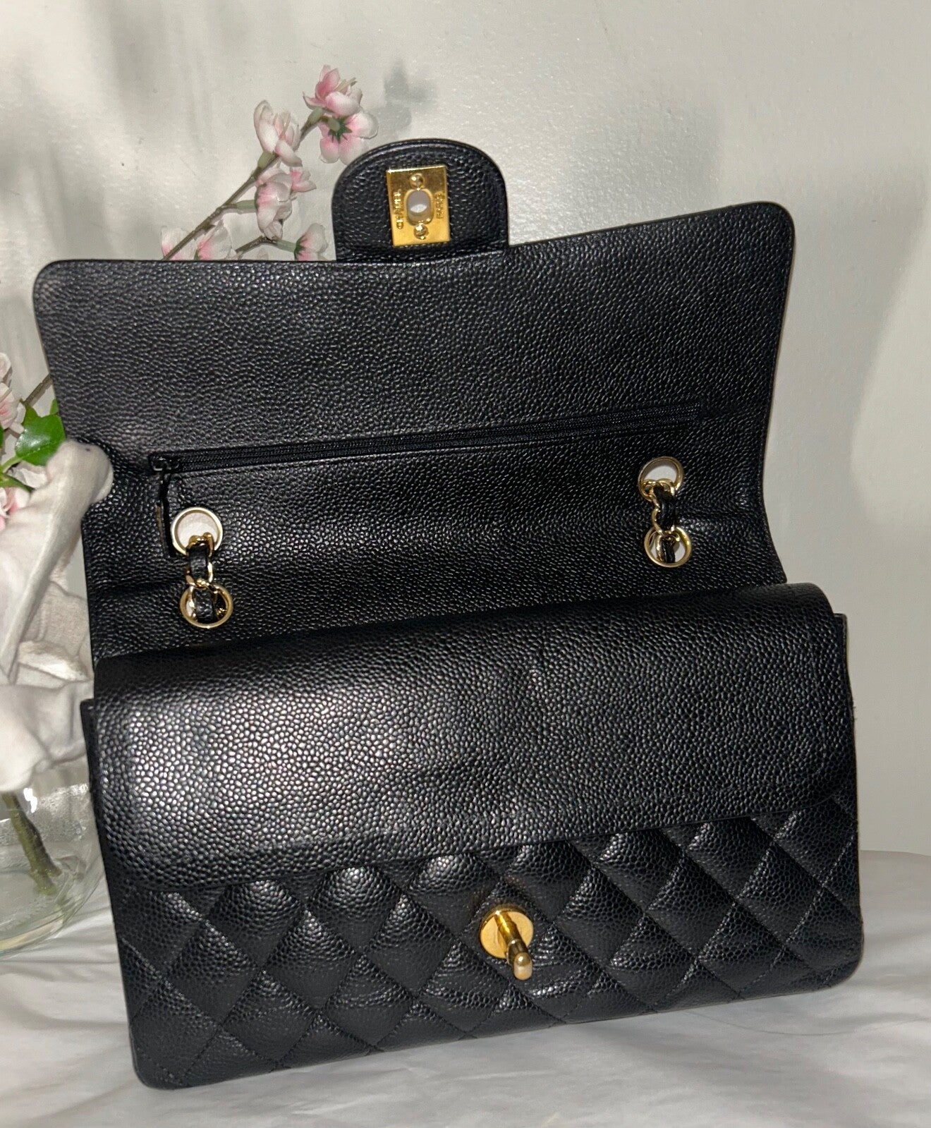 CHANEL Medium Classic Double Flap Quilted Caviar Handbag Black / Gold
